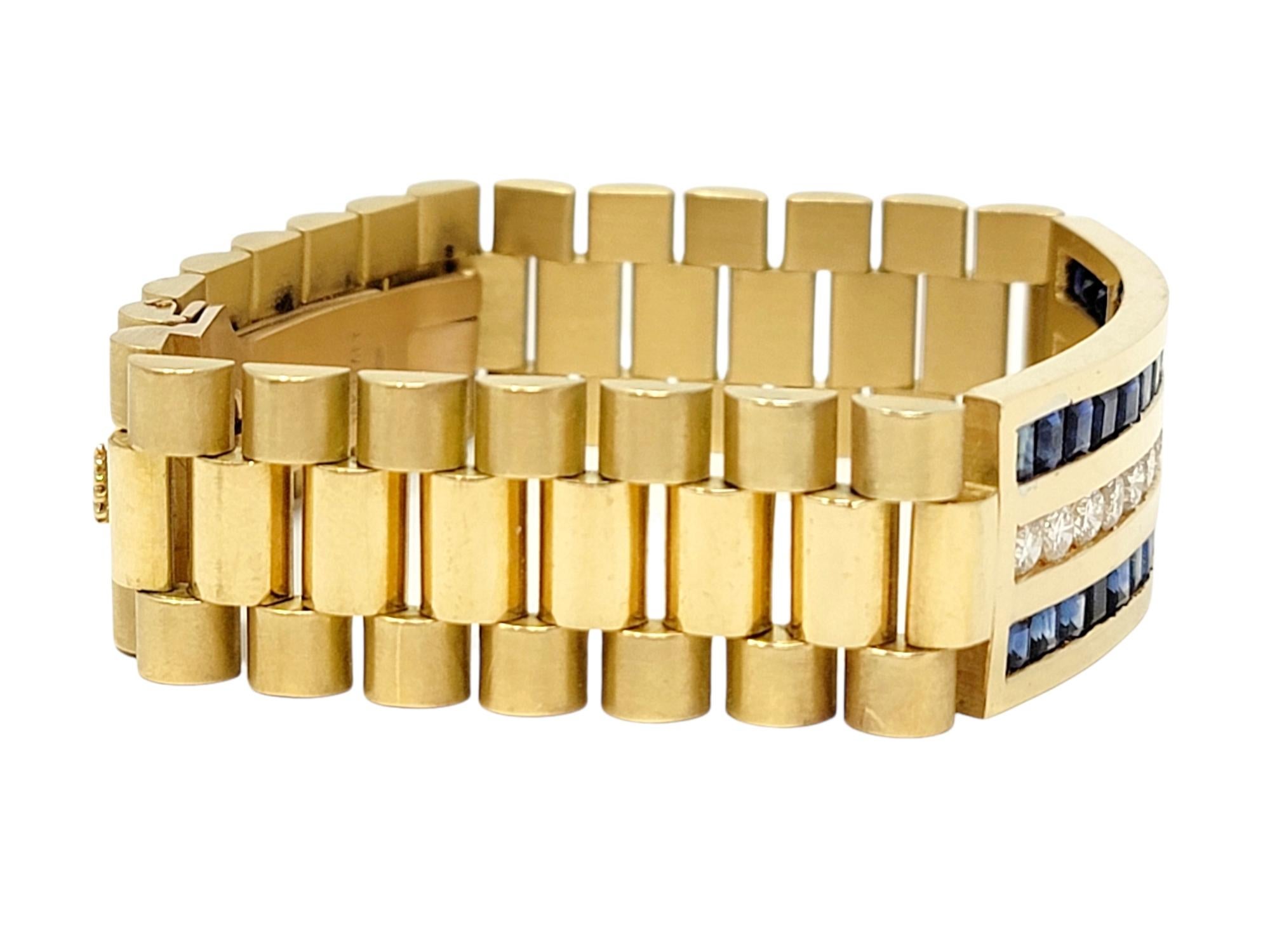 Princess Cut 7.40 Carat Mens Diamond and Sapphire Watch Link Bracelet in 18 Karat Yellow Gold