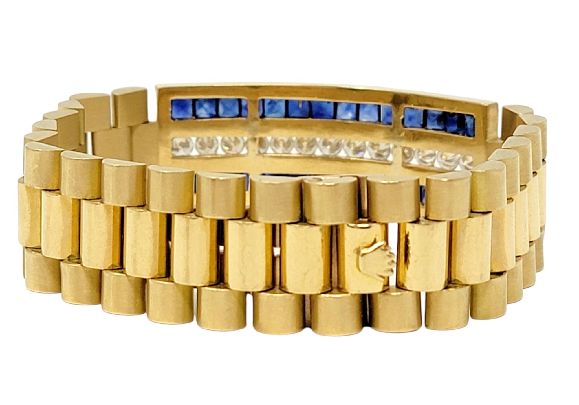 7.40 Carat Mens Diamond and Sapphire Watch Link Bracelet in 18 Karat Yellow Gold In Good Condition In Scottsdale, AZ