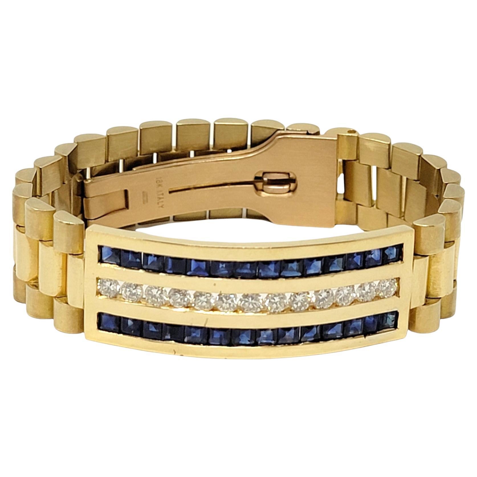 7.40 Carat Mens Diamond and Sapphire Watch Link Bracelet in 18 Karat Yellow Gold
