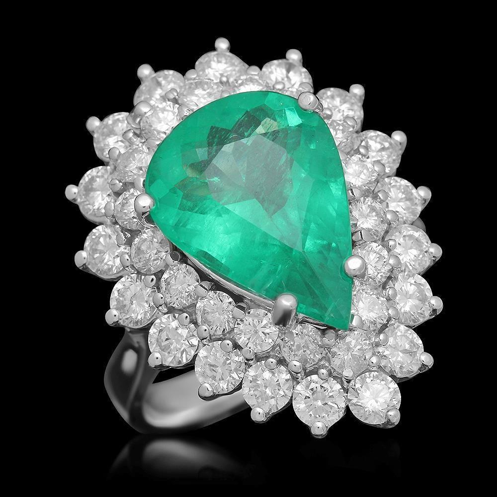 Mixed Cut 7.40 Carat Natural Emerald & Diamond 14k Solid White Gold Ring For Sale
