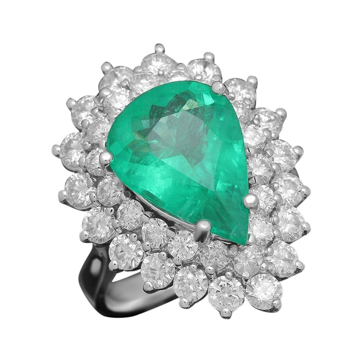 7.40 Carat Natural Emerald & Diamond 14k Solid White Gold Ring For Sale