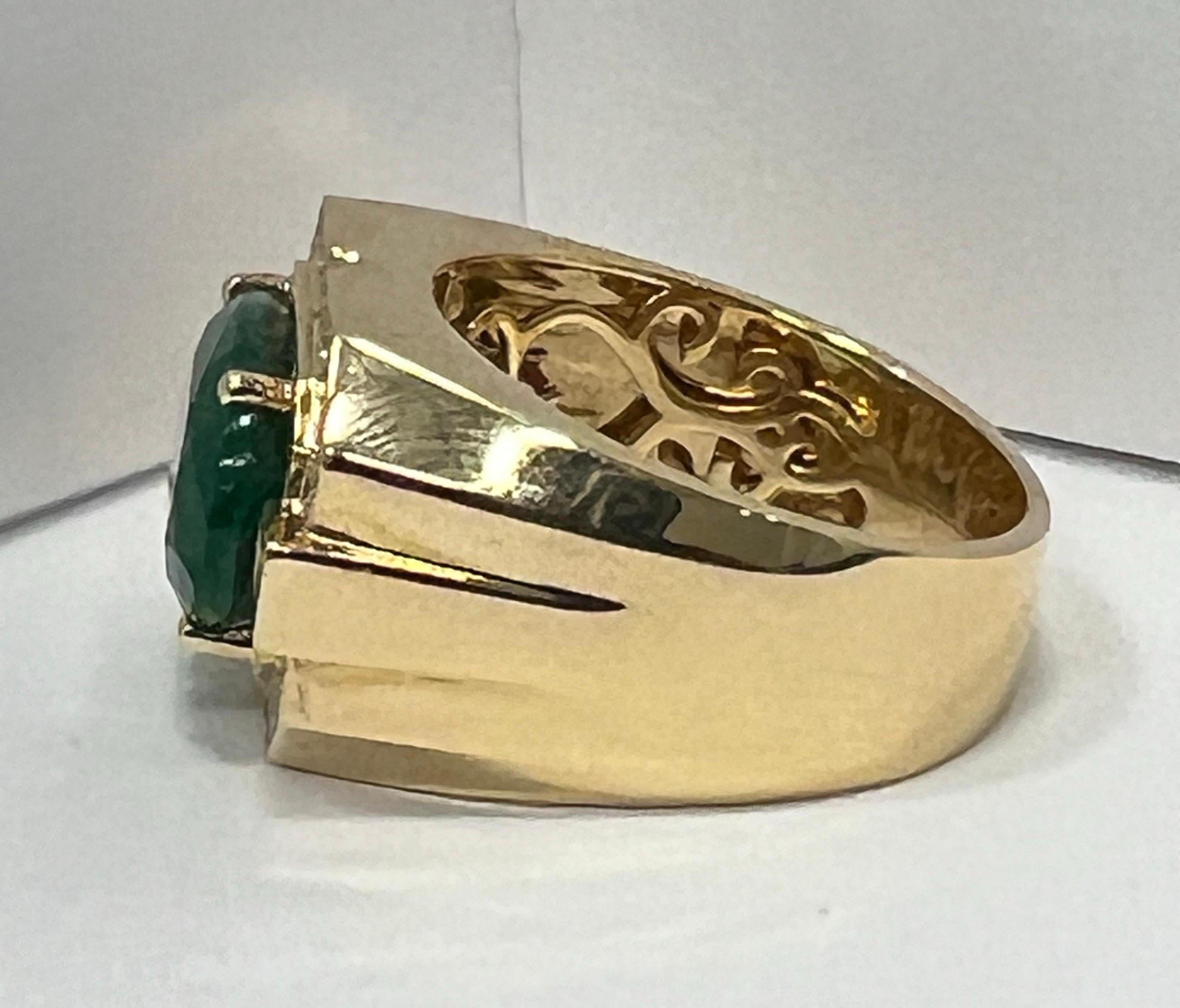 The Ring is Mens Ring set in 18k yellow gold with Accents of white diamonds 0.38 carat. Diamonds are multi shape. The Ring is currently 11 but can be resized plus minus 2 sizes down or up easily. Emerald is very clean and what you see in the stone