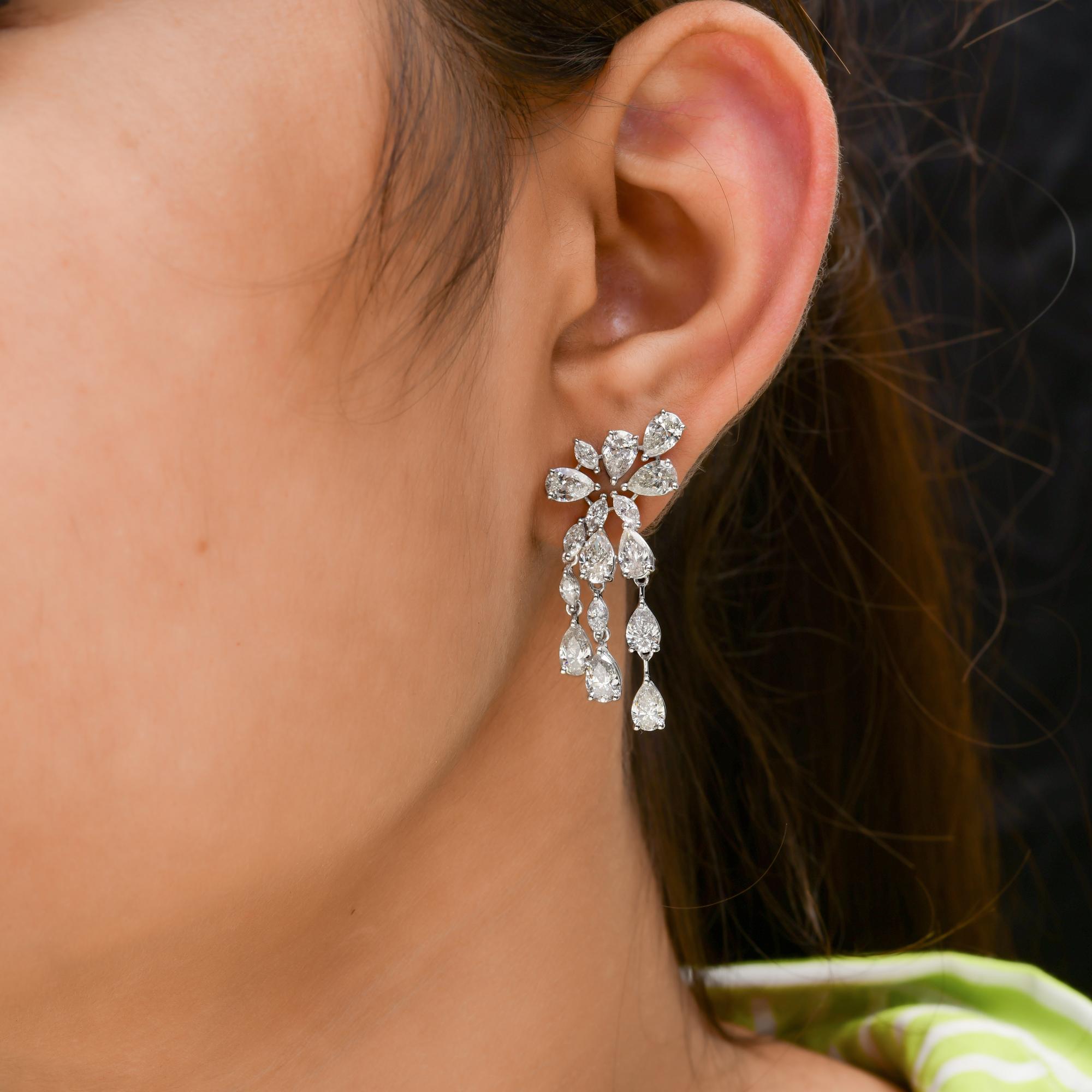 Pear Cut 7.40 Carat SI Clarity HI Color Multi Shape Diamond 14 Karat White Gold Earrings For Sale