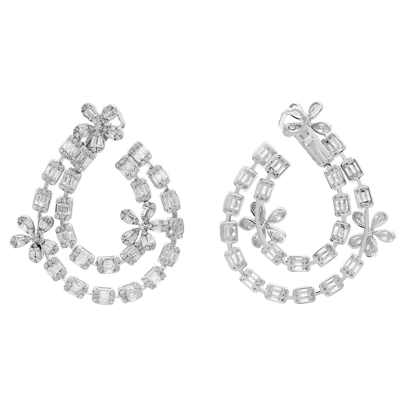 7.40 Carat SI/HI Baguette Diamond Flower Earrings 18 Karat White Gold Jewelry For Sale