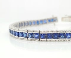 7.40 Carat Square Step Cut Blue Sapphire 18 Karat White Gold Tennis Bracelet