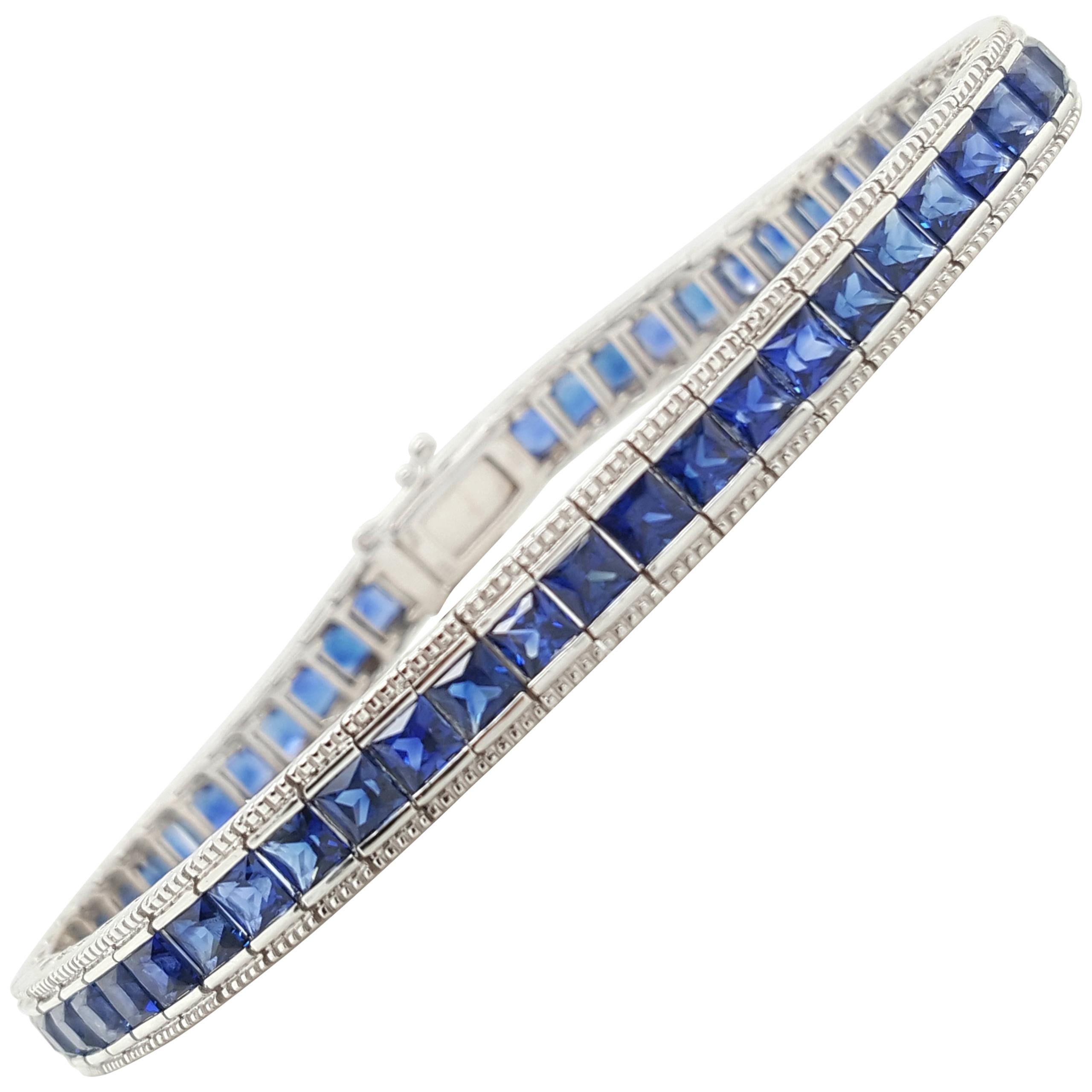 7.40 Carat Square Step Cut Blue Sapphire 18 Karat White Gold Tennis Bracelet For Sale
