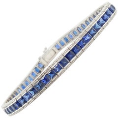 7.40 Carat Square Step Cut Blue Sapphire 18 Karat White Gold Tennis Bracelet