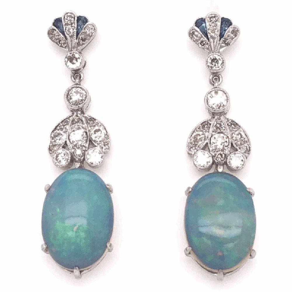 Modernist 7.40 Carat White Opal and Diamond Drop Gold Earrings Estate Fine Jewelry