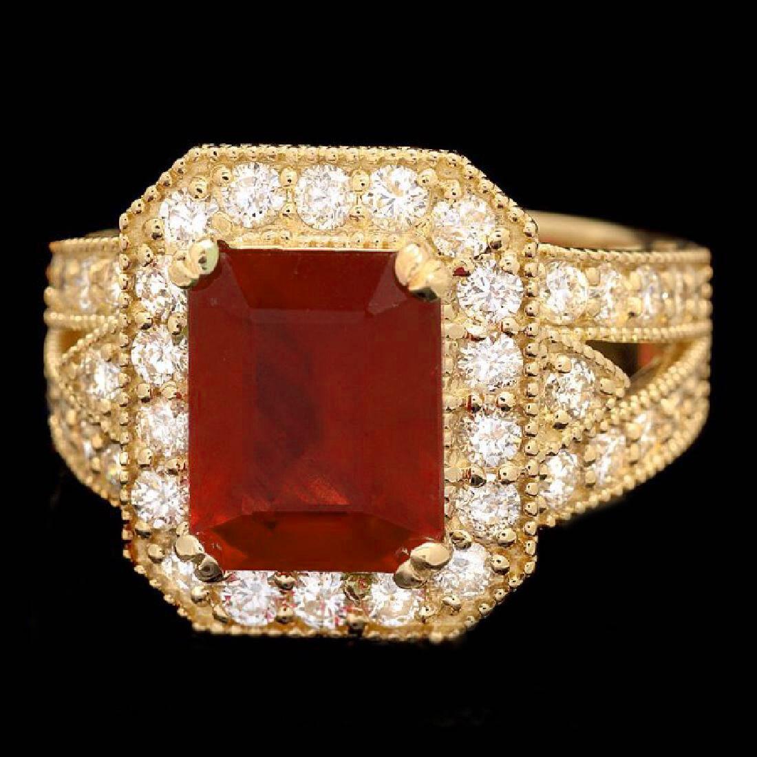 Taille mixte Impressionnante bague en or jaune 14 carats avec rubis rouge naturel de 7,40 carats et diamants en vente