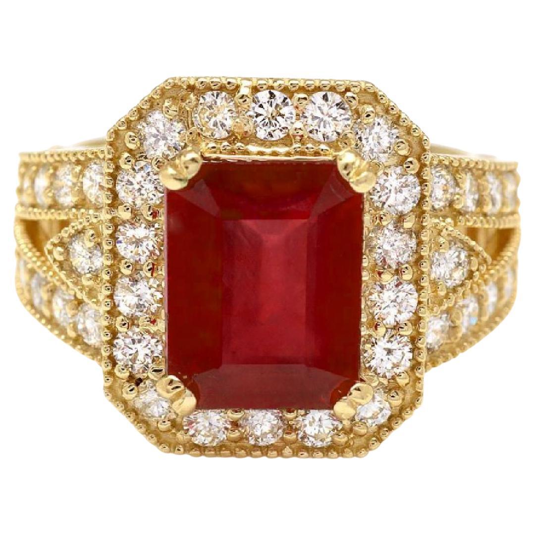 7.40 Carats Impressive Natural Red Ruby and Diamond 14K Yellow Gold Ring