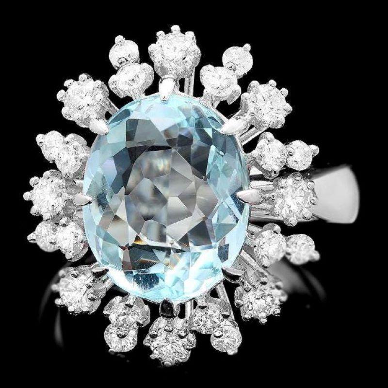 Mixed Cut 7.40 Carats Natural Aquamarine and Diamond 14K Solid White Gold Ring For Sale