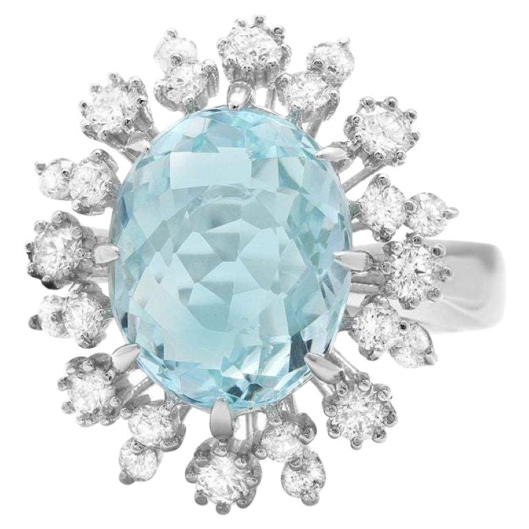 14 Karat massiver Weißgold Ring mit 7,40 Karat natürlichem Aquamarin und Diamant
