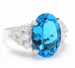 7.40 Carats Natural Swiss Blue Topaz and Diamond 14K Solid White Gold Ring