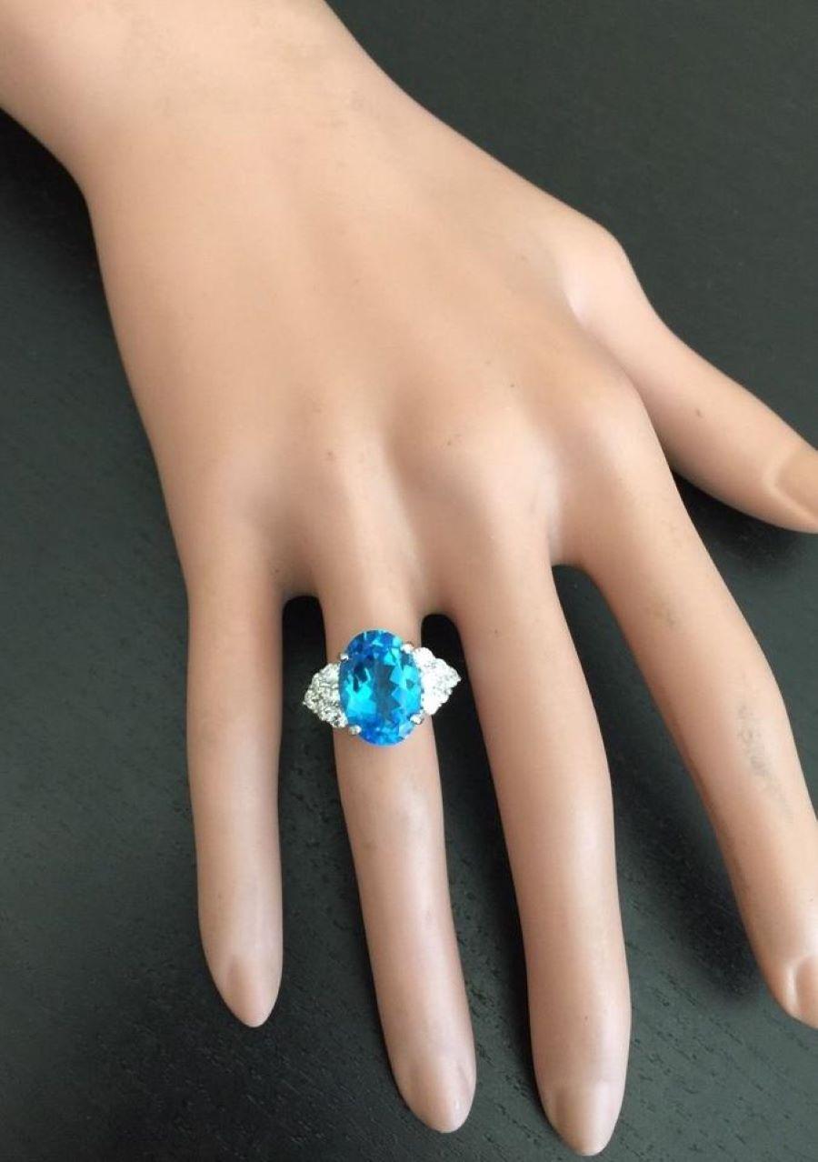 Bague en or blanc massif 14 carats avec topaze bleue suisse naturelle de 7,40 carats et diamants en vente 2