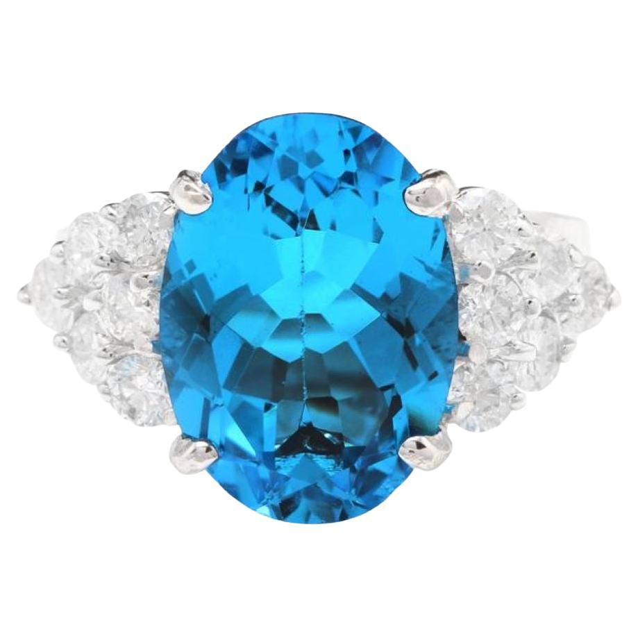 7,40 carati di topazio blu naturale svizzero e diamante Anello in oro bianco massiccio 14K