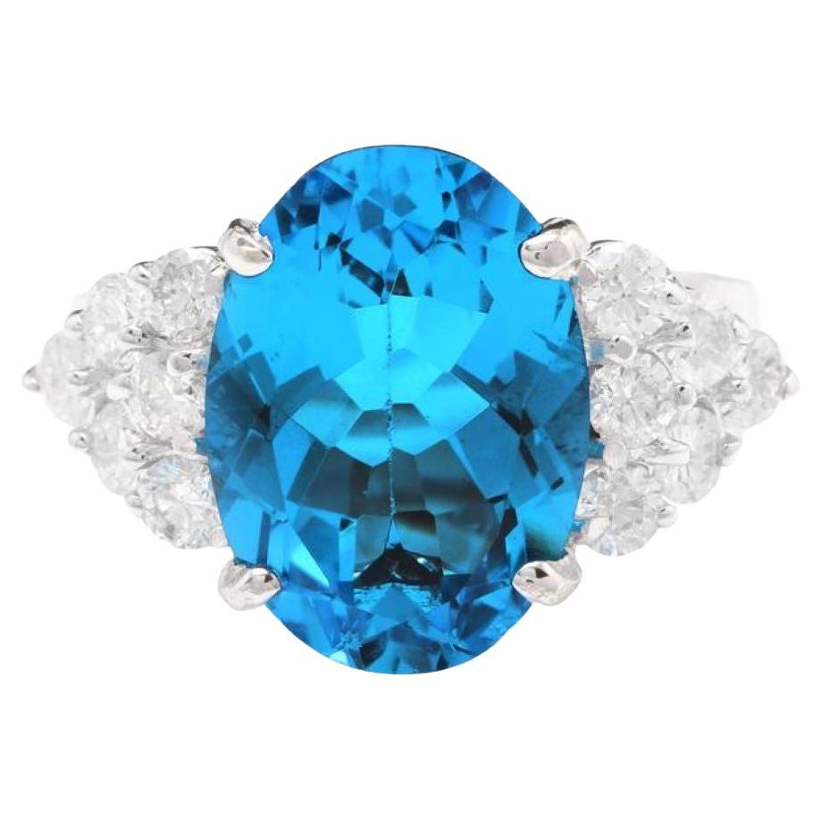 7.40 Carats Natural Swiss Blue Topaz and Diamond 14K Solid White Gold Ring