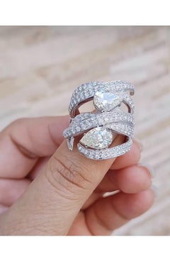 7.40 Carats Pear Round Brilliant Cut Natural Diamonds Big Ring In 14K White Gold