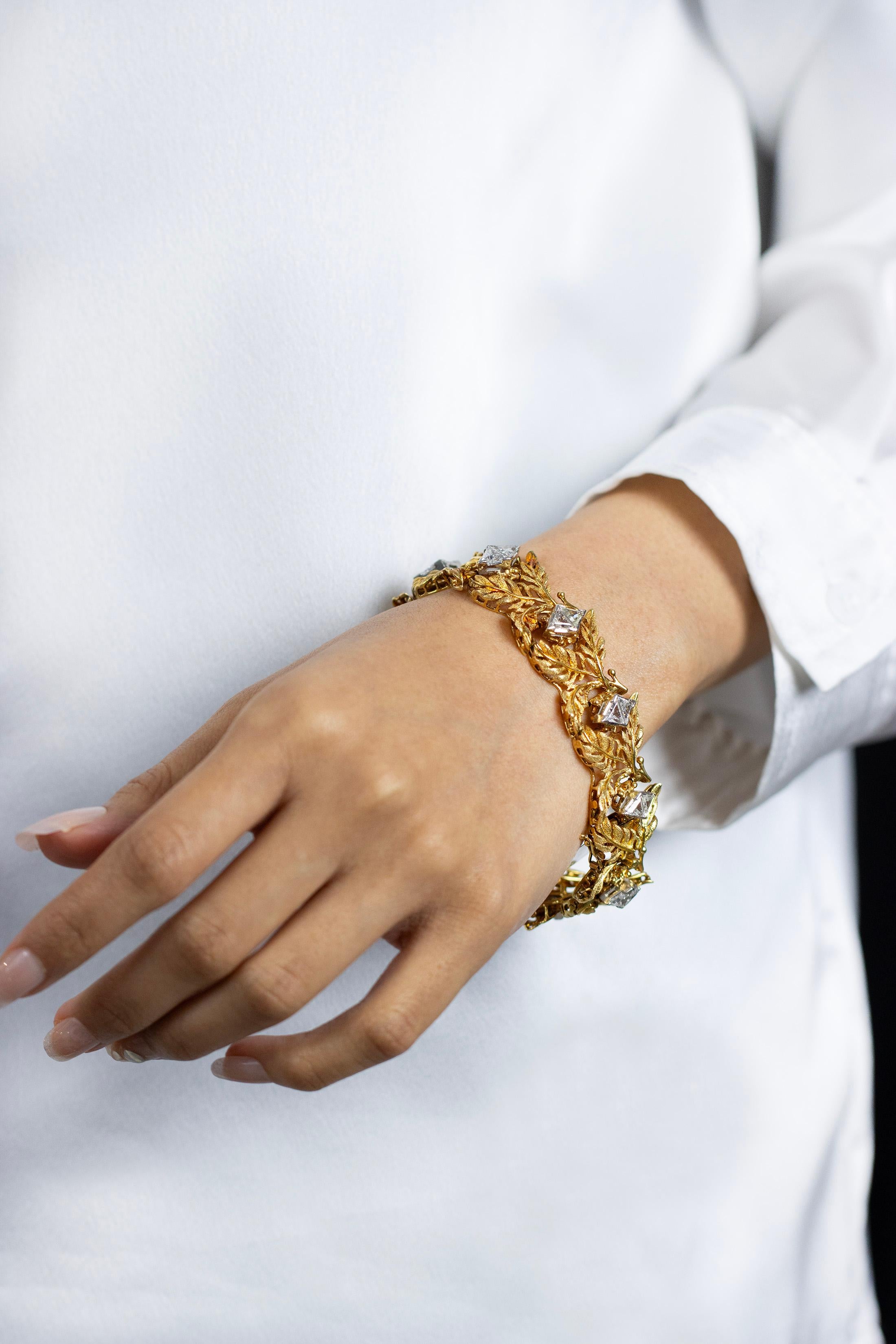 Women's 7.40 Carats Total Trillion Cut Diamond Golden Leaf Bracelet in Yellow Gold For Sale