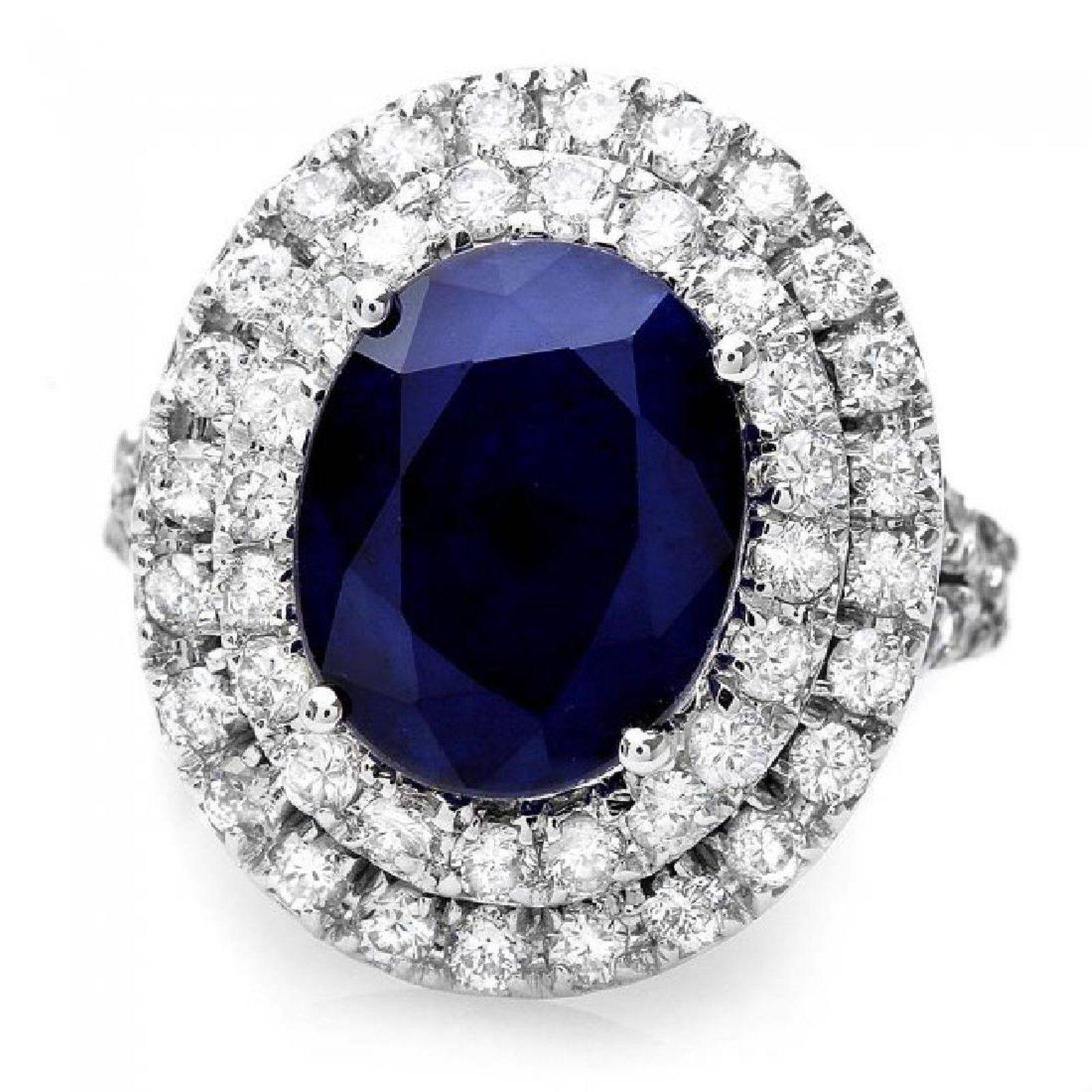 7.40 Carats Exquisite Natural Blue Sapphire and Diamond 14K Solid White Gold Ring

Suggested Replacement Value $7,200.00

Total Blue Sapphire Weight is: Approx. 5.50 Carats

Sapphire Measures: Approx. 12 x 10mm

Sapphire Treatment: