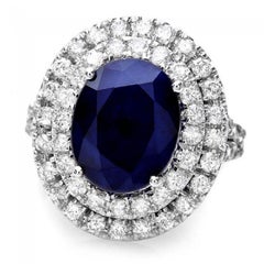 7.40 Ct Exquisite Natural Blue Sapphire and Diamond 14K Solid White Gold Ring