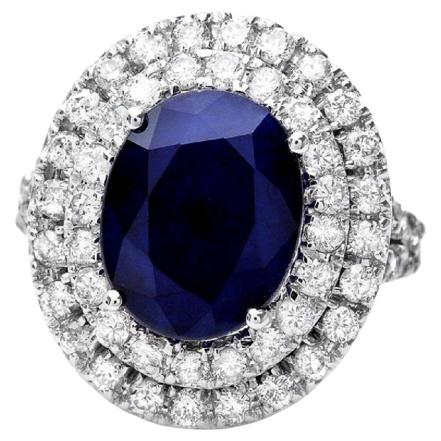 7.40 Ct Exquisite Natural Blue Sapphire and Diamond 14K Solid White Gold Ring