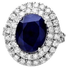 7.40 Ct Exquisite Natural Blue Sapphire and Diamond 14K Solid White Gold Ring