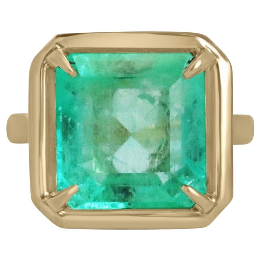 7.40ct 18K Huge Asscher Spring Green Colombian Emerald Solitaire Statement Ring For Sale