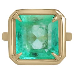 7.40ct 18K Huge Asscher Spring Green Colombian Emerald Solitaire Statement Ring