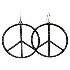 7.40ct Black Diamond Peace Sign Drop Earrings 18k White Gold