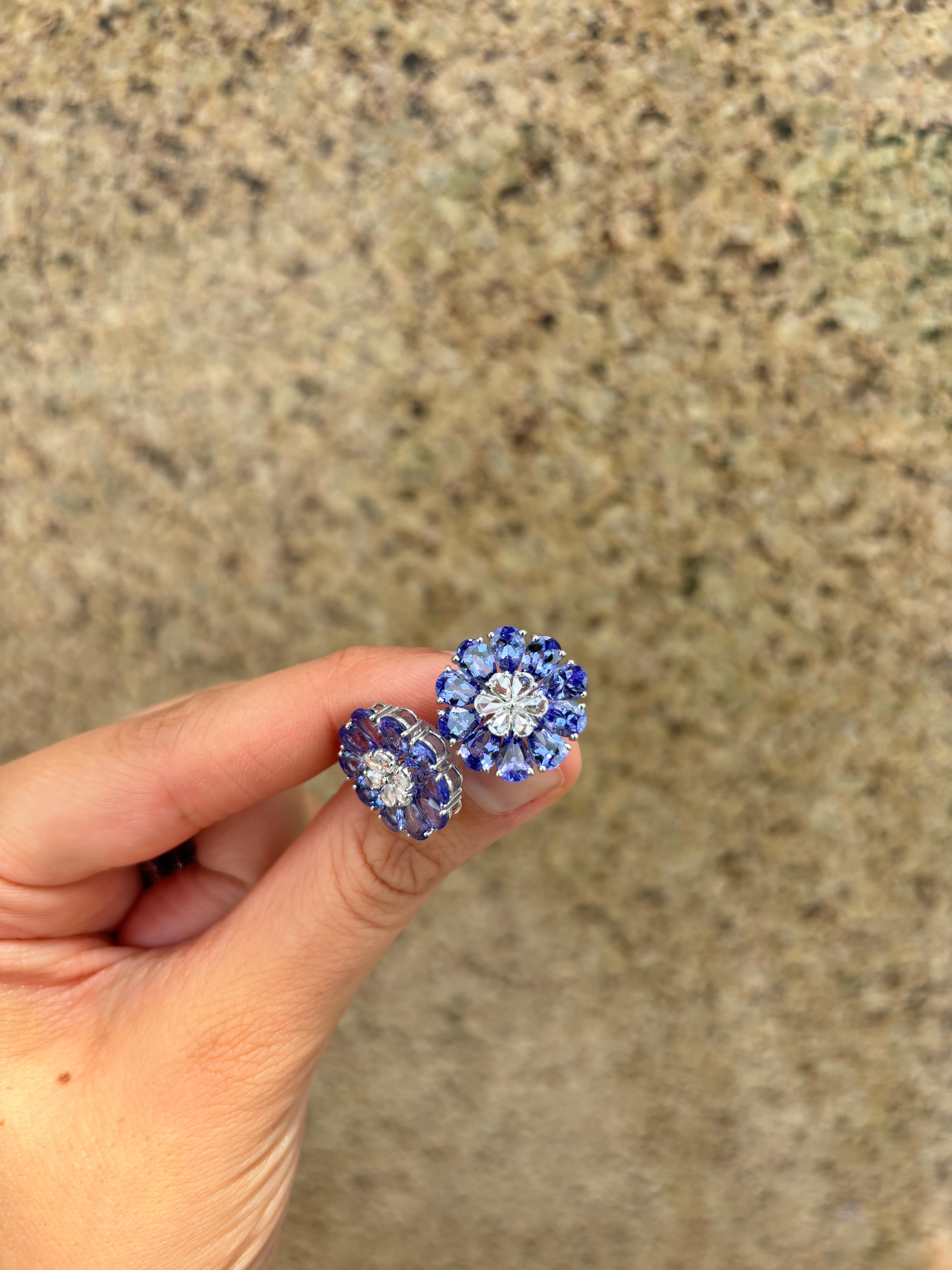 Modern 7.41 Carat Floral Tanzanite and Diamond Studs For Sale