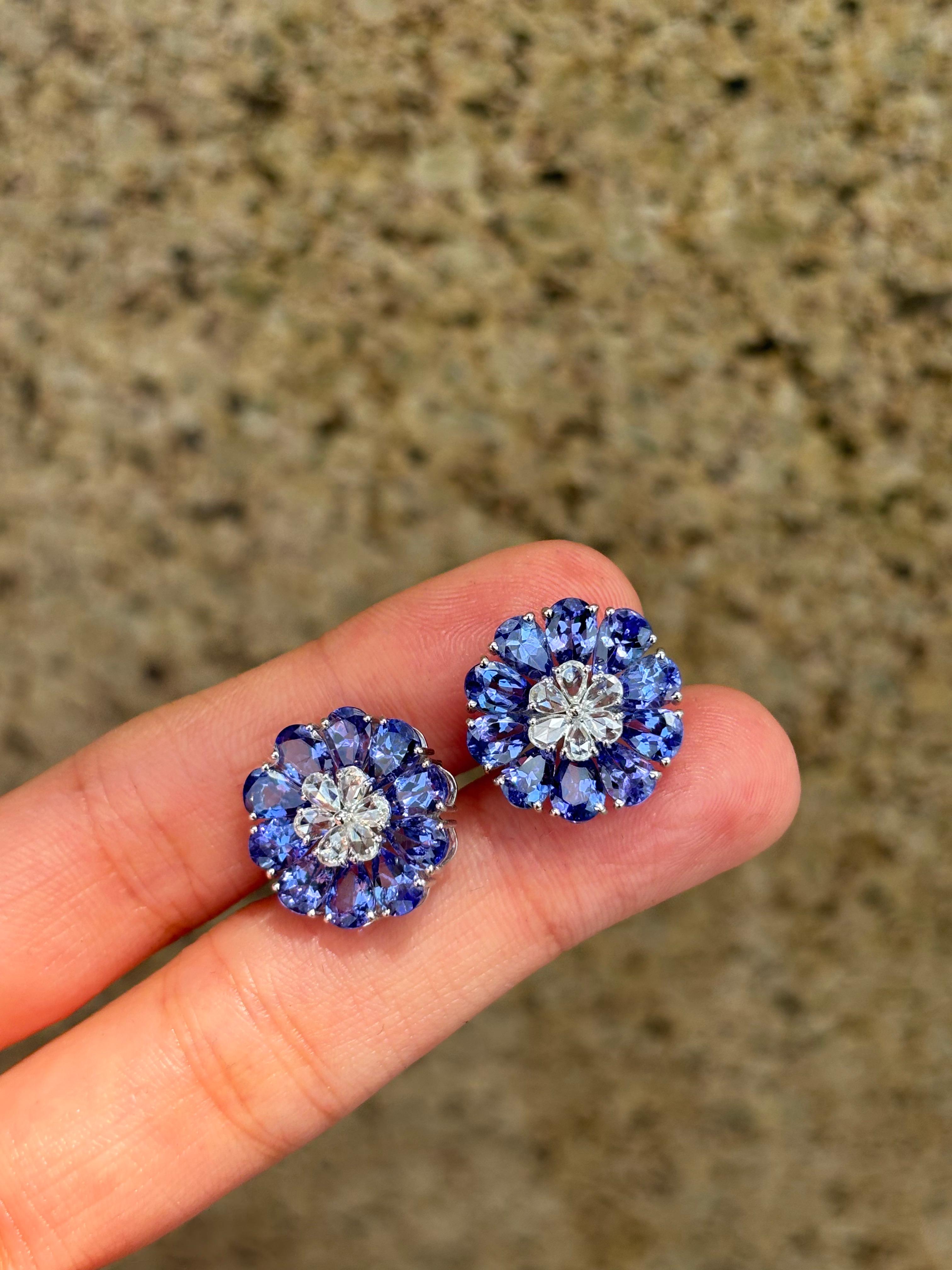 Pear Cut 7.41 Carat Floral Tanzanite and Diamond Studs For Sale