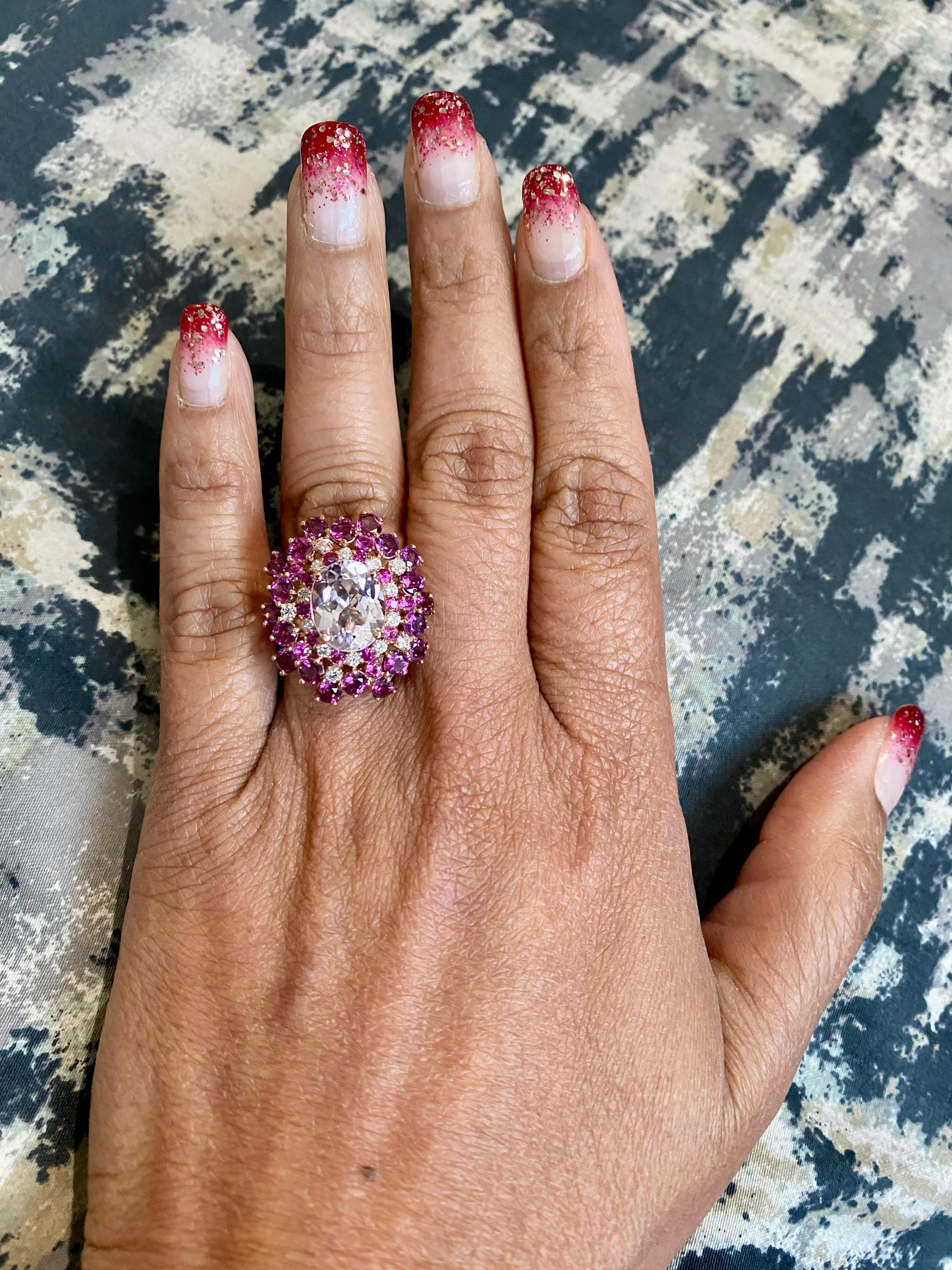 Kunzite Sapphire Diamond Rose Gold Cocktail Ring In New Condition For Sale In Los Angeles, CA