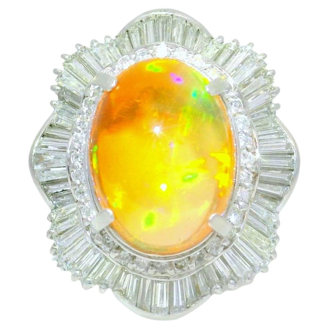 7.41 Carat Mexican Fire Opal Diamond Platinum Double Halo RIng