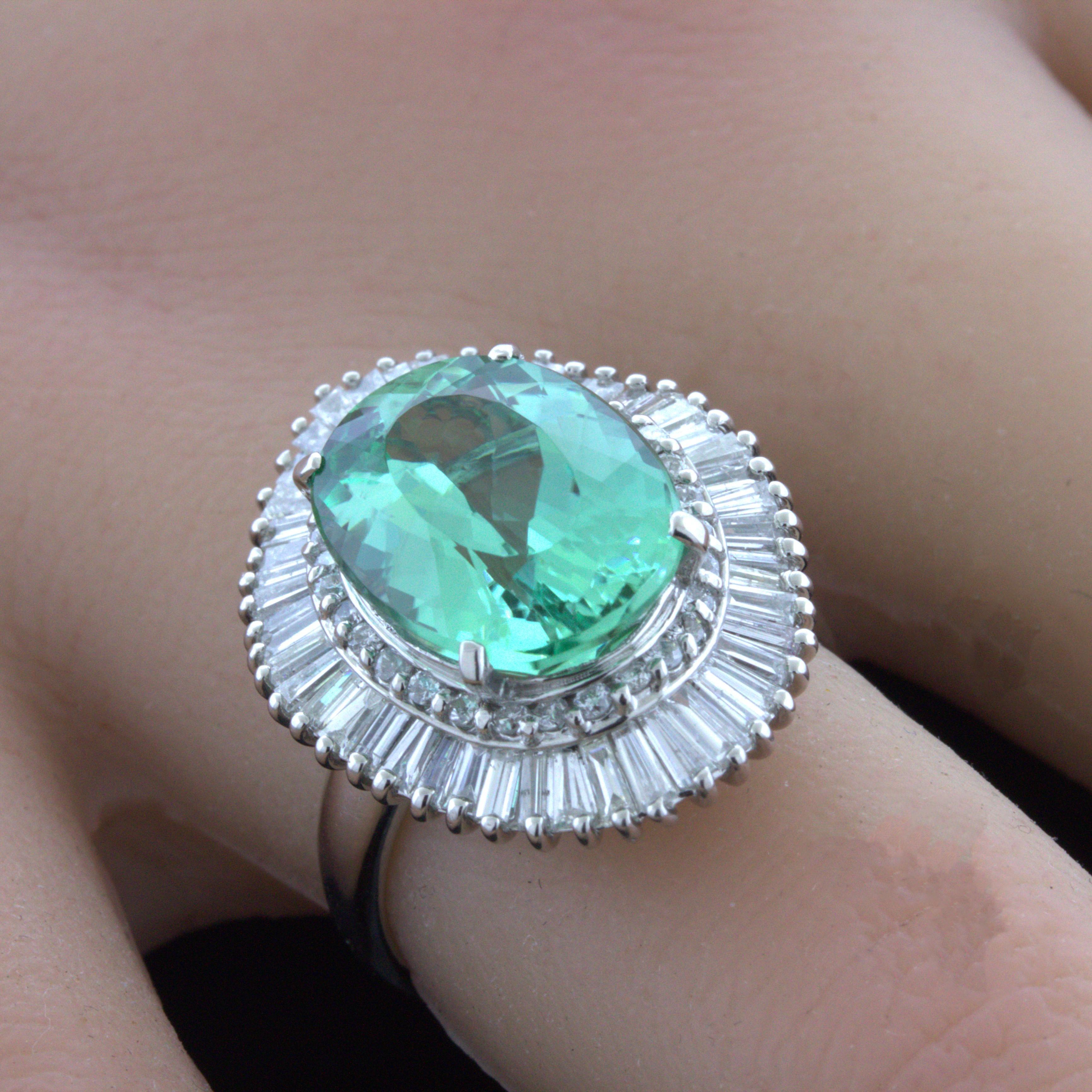 7.41 Carat Mint-Tourmaline Diamond Platinum Ring In New Condition For Sale In Beverly Hills, CA