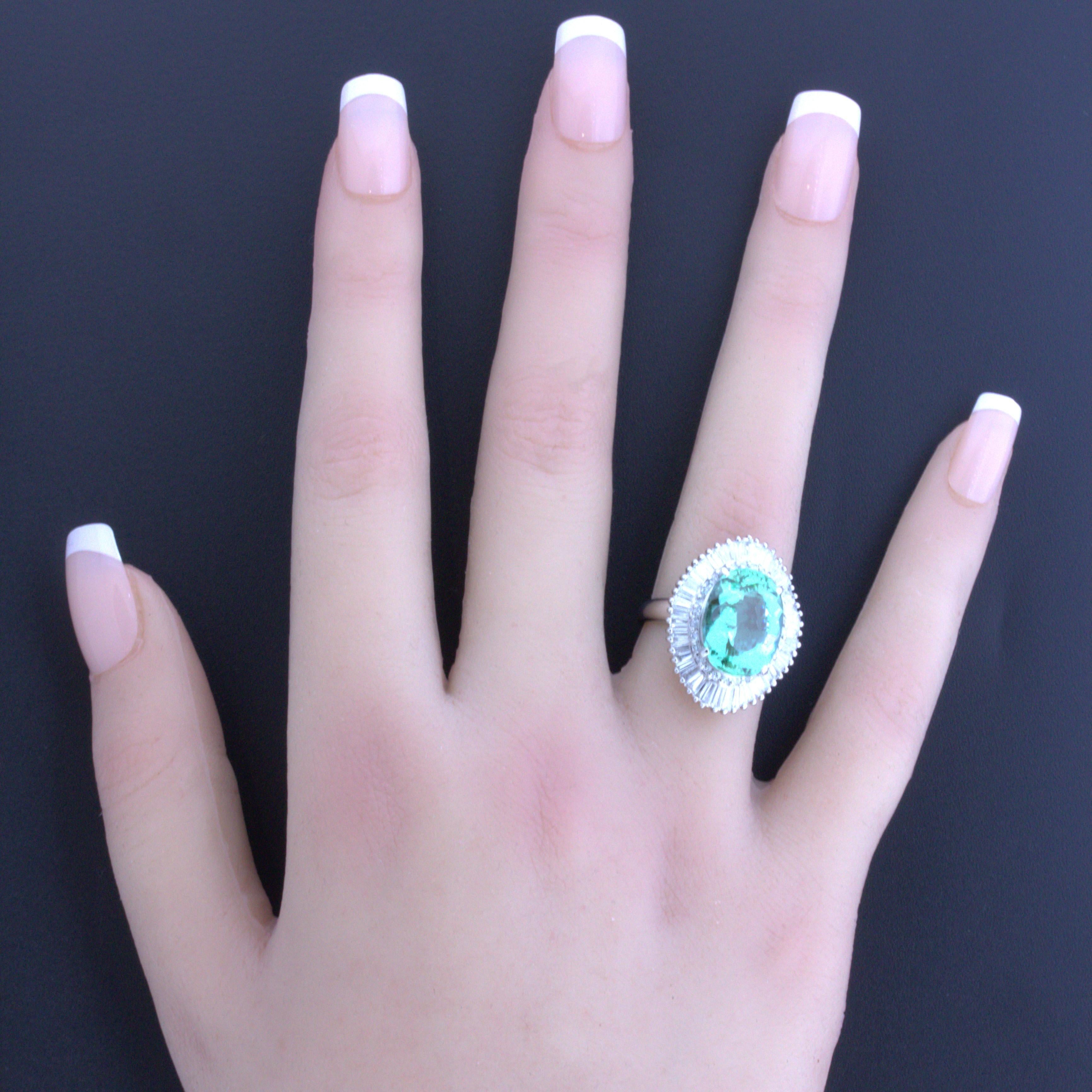 Women's 7.41 Carat Mint-Tourmaline Diamond Platinum Ring For Sale