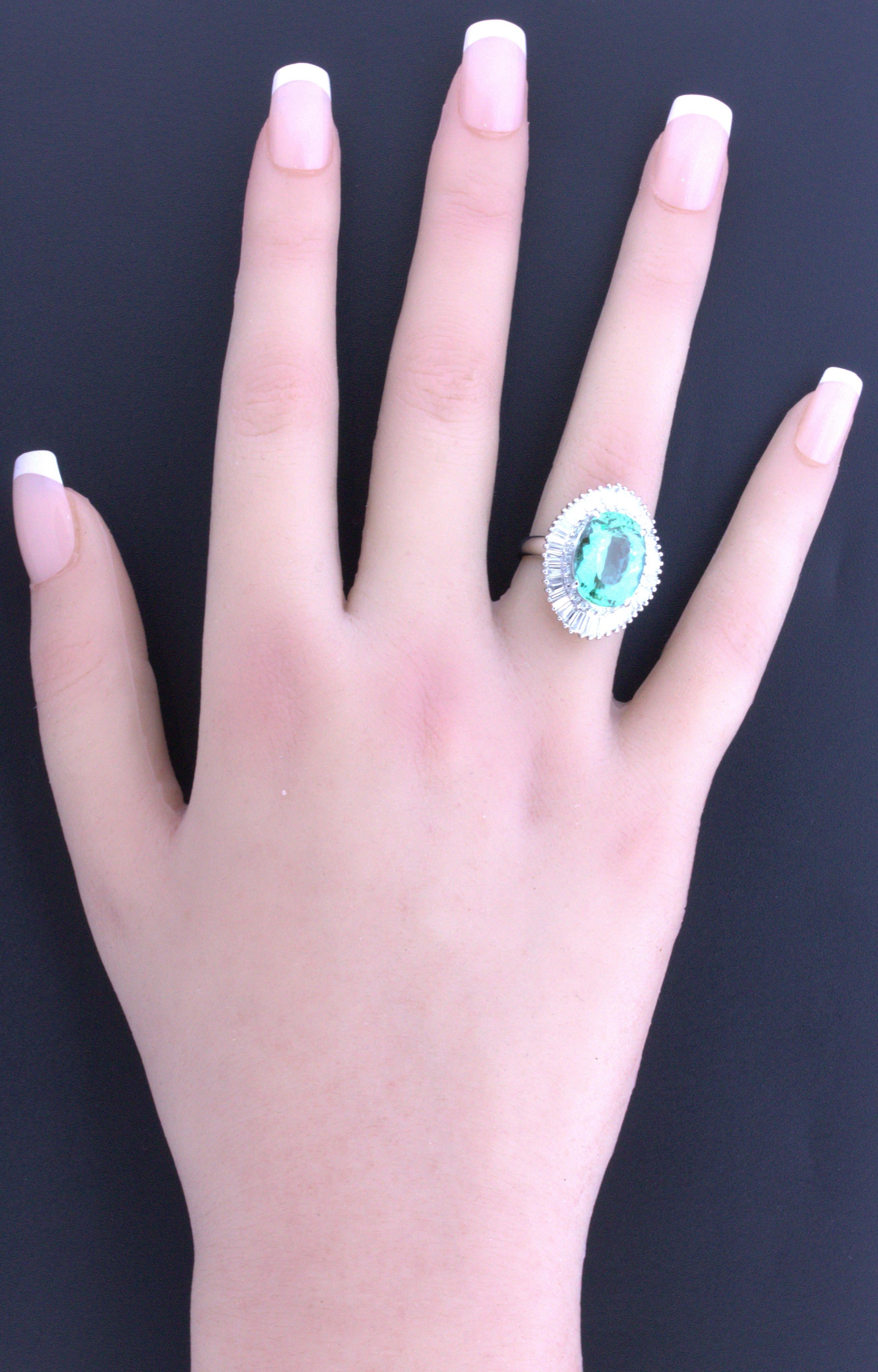 7.41 Carat Mint-Tourmaline Diamond Platinum Ring For Sale 1