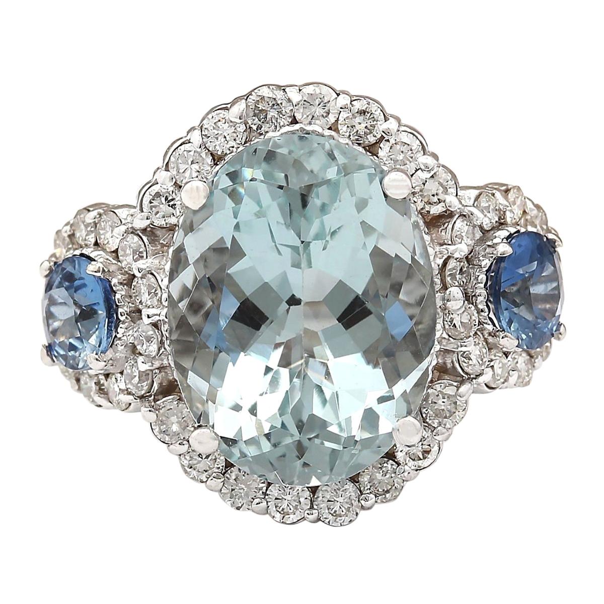Aquamarine Sapphire Diamond Ring In 14 Karat White Gold  For Sale