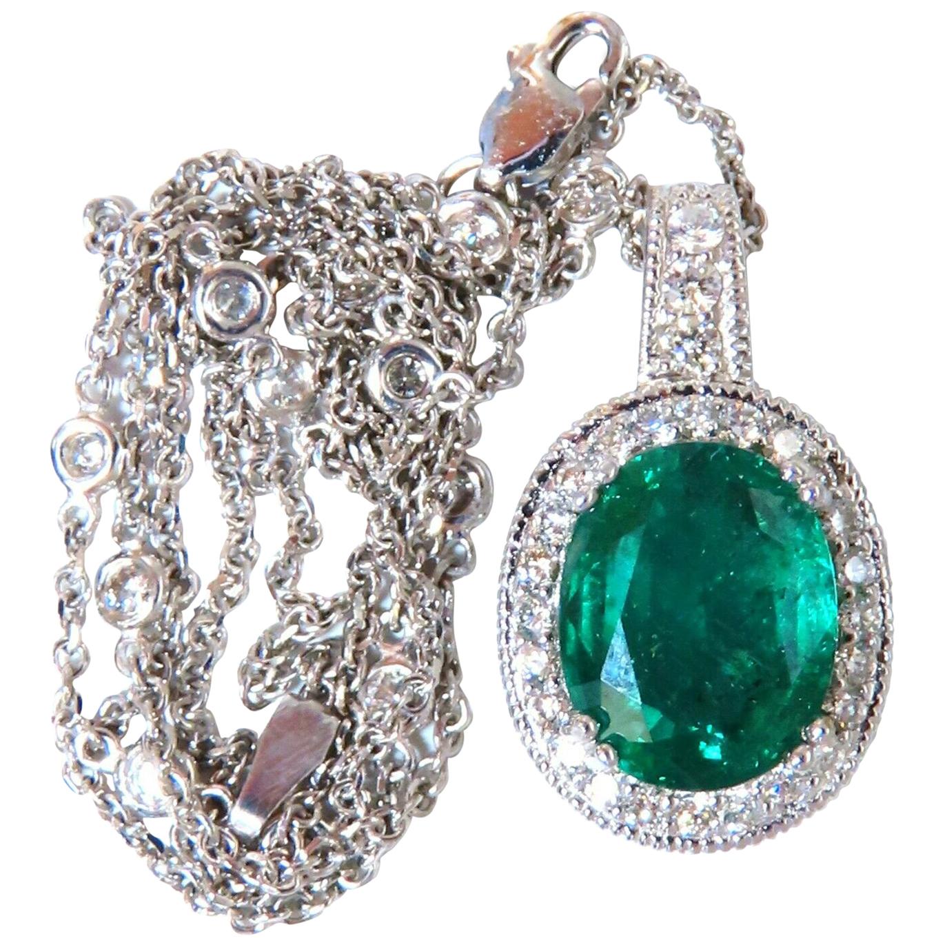 7.41 Carat Natural Emerald Diamonds Necklace 14 Karat Station and Solitaire