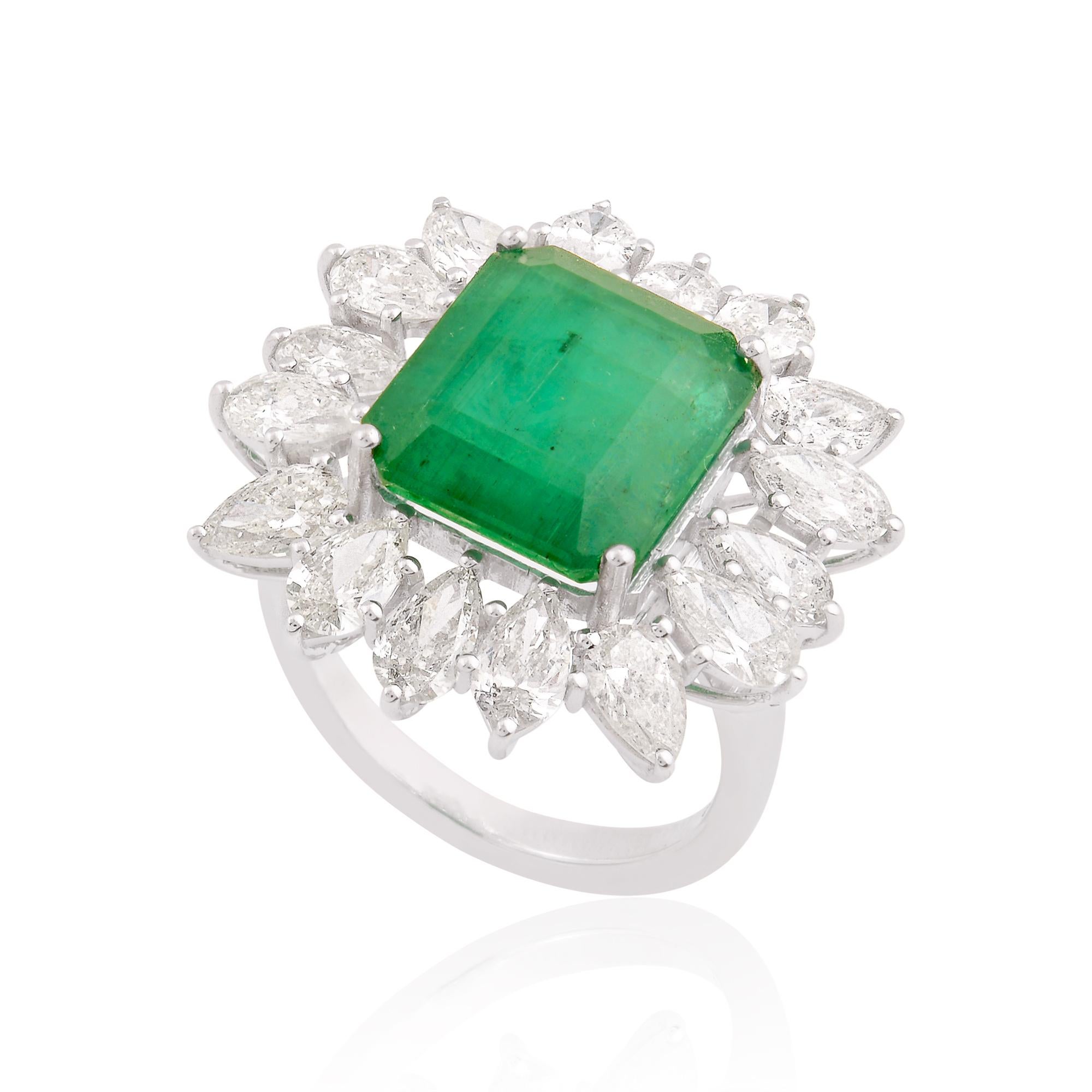Emerald Cut 7.41 Carat Zambian Emerald Cocktail Ring 3.40 Carat Pear Diamond 18k White Gold For Sale