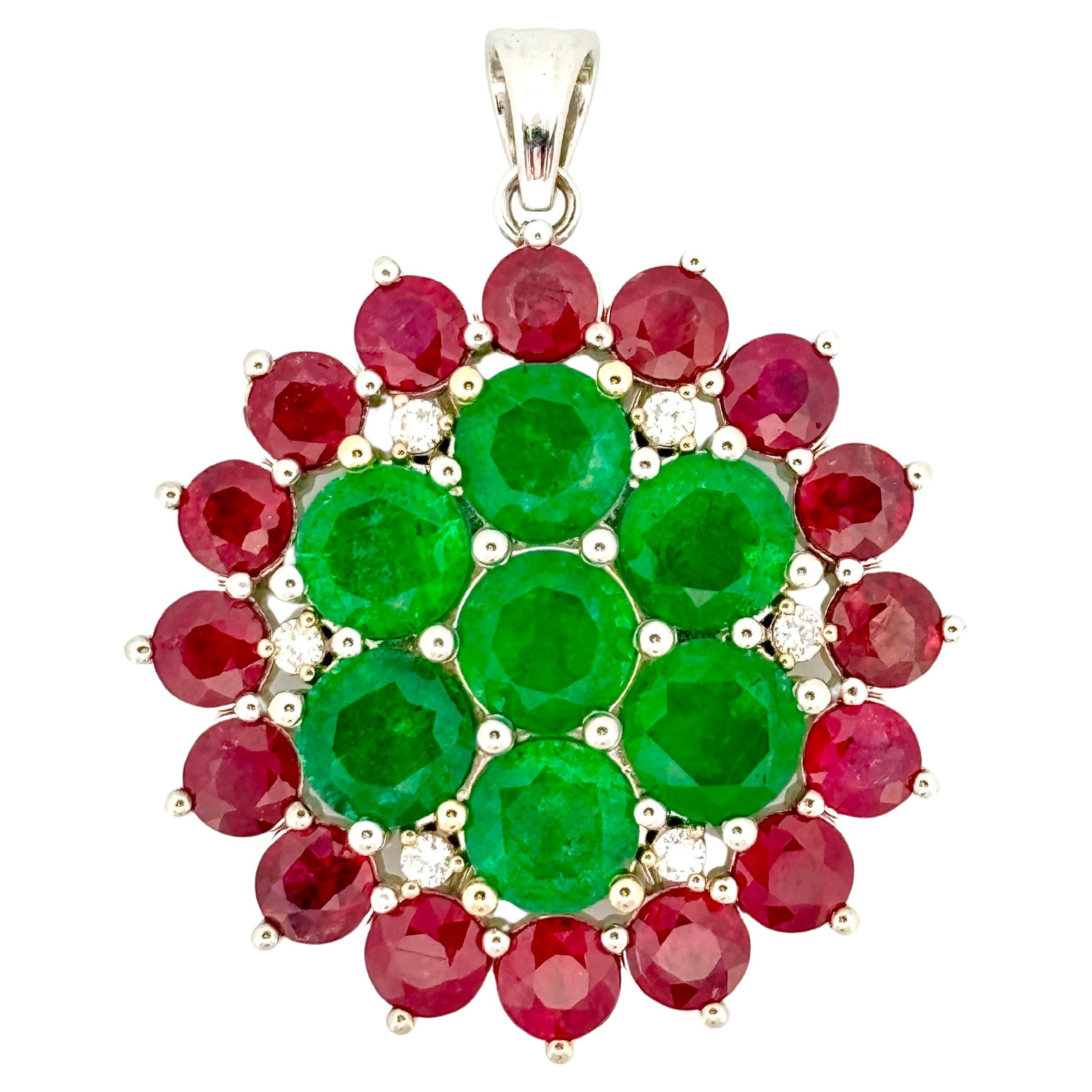 7.41 Ct Emerald, 6.94 Ct Ruby & 0.2 Ct Diamond studded Statement Pendant For Sale