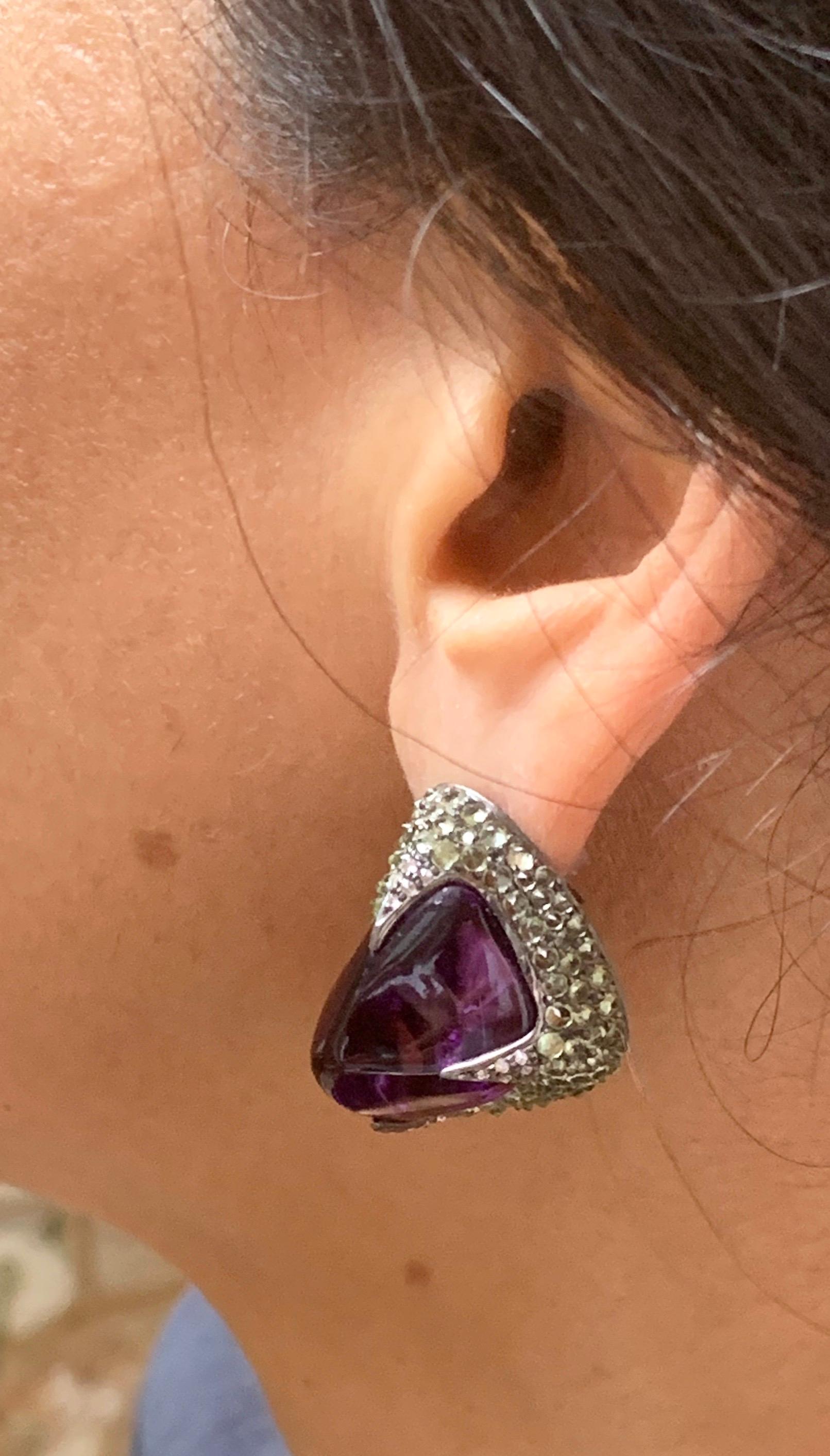 Manpriya B 74.140 carat Amethyst Tumble Peridot Diamond Statement Earrings For Sale 5