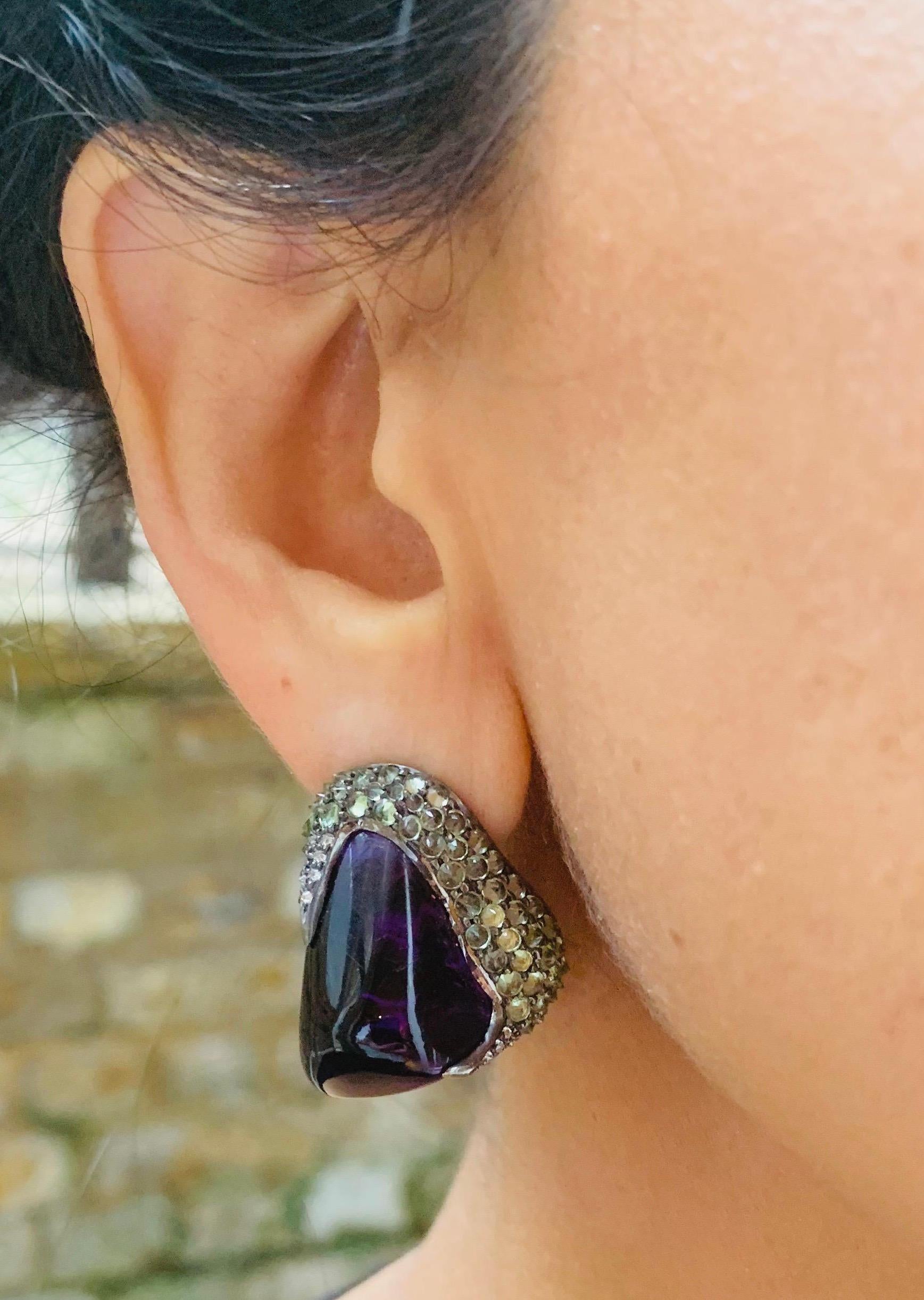 Manpriya B 74.140 carat Amethyst Tumble Peridot Diamond Statement Earrings For Sale 6