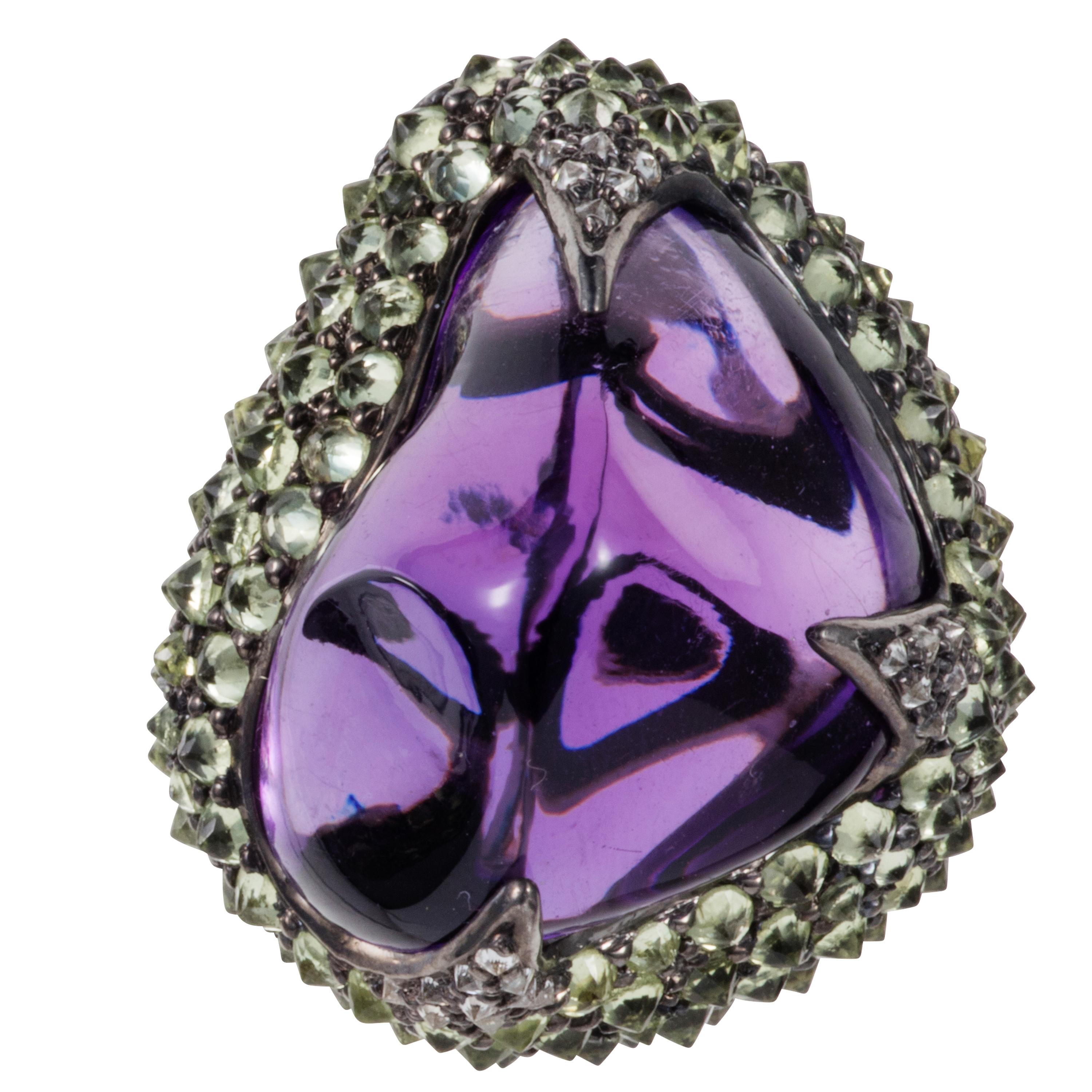 Modern Manpriya B 74.140 carat Amethyst Tumble Peridot Diamond Statement Earrings For Sale