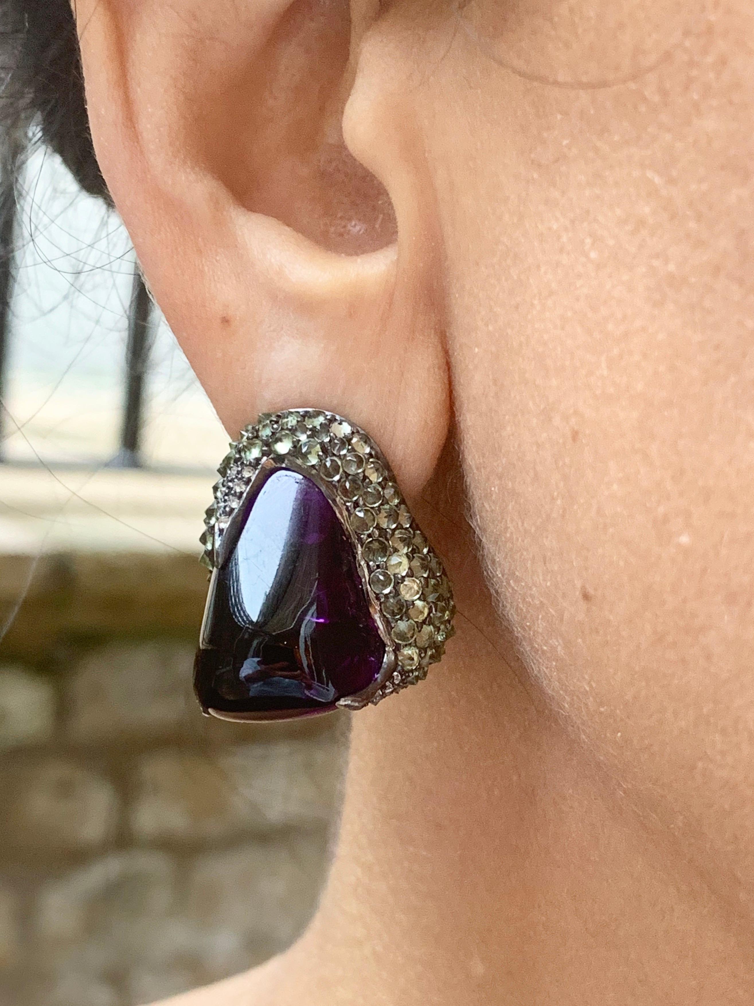 Manpriya B 74.140 carat Amethyst Tumble Peridot Diamond Statement Earrings For Sale 1