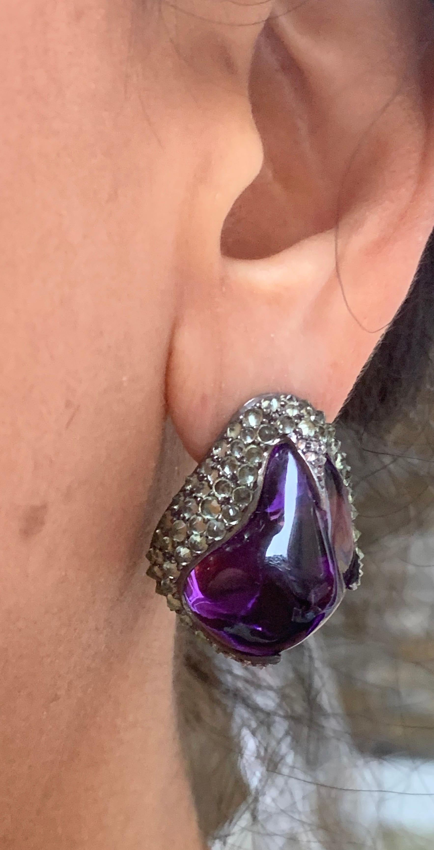 Manpriya B 74.140 carat Amethyst Tumble Peridot Diamond Statement Earrings For Sale 2