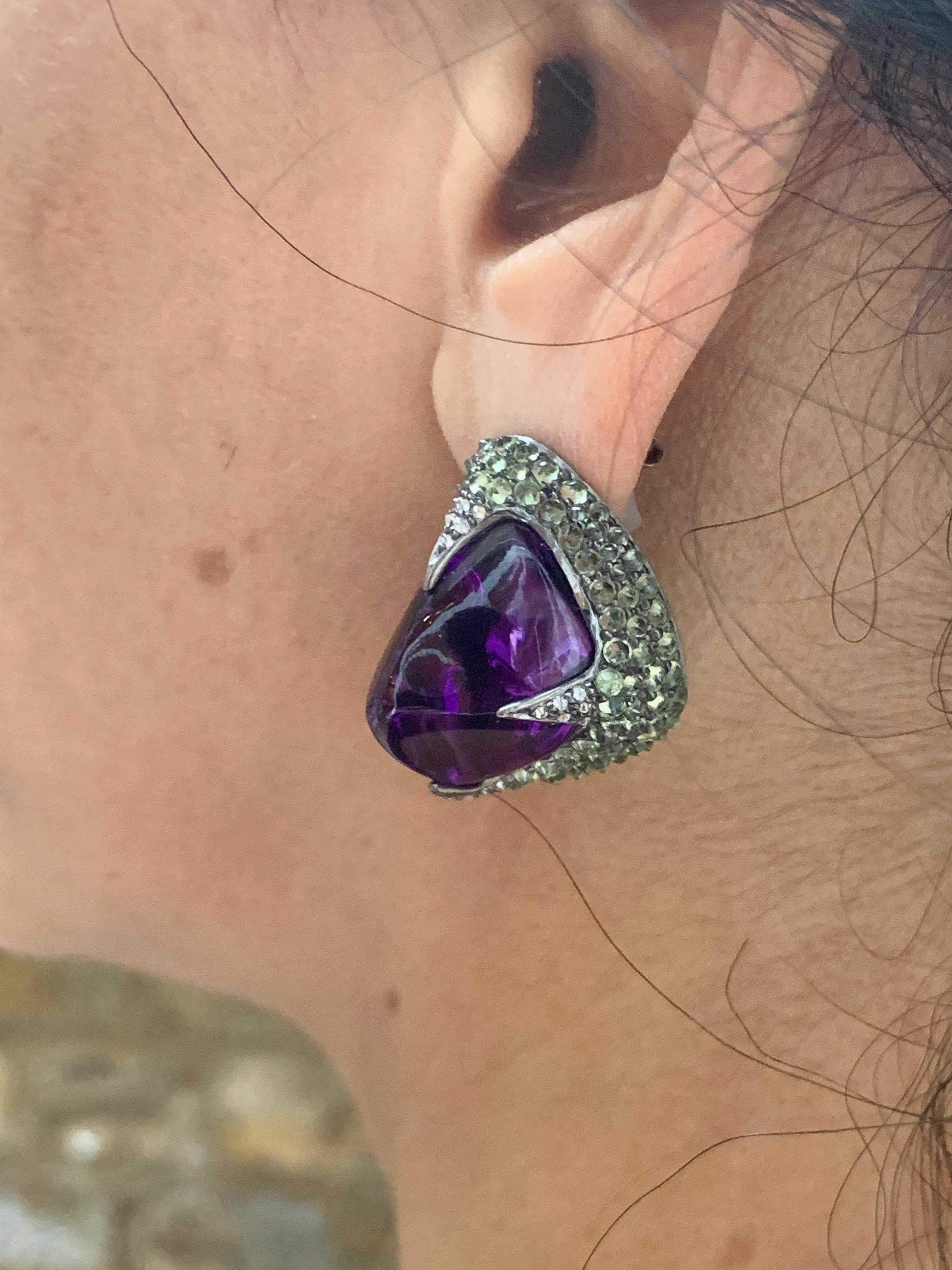 Manpriya B 74.140 carat Amethyst Tumble Peridot Diamond Statement Earrings For Sale 3