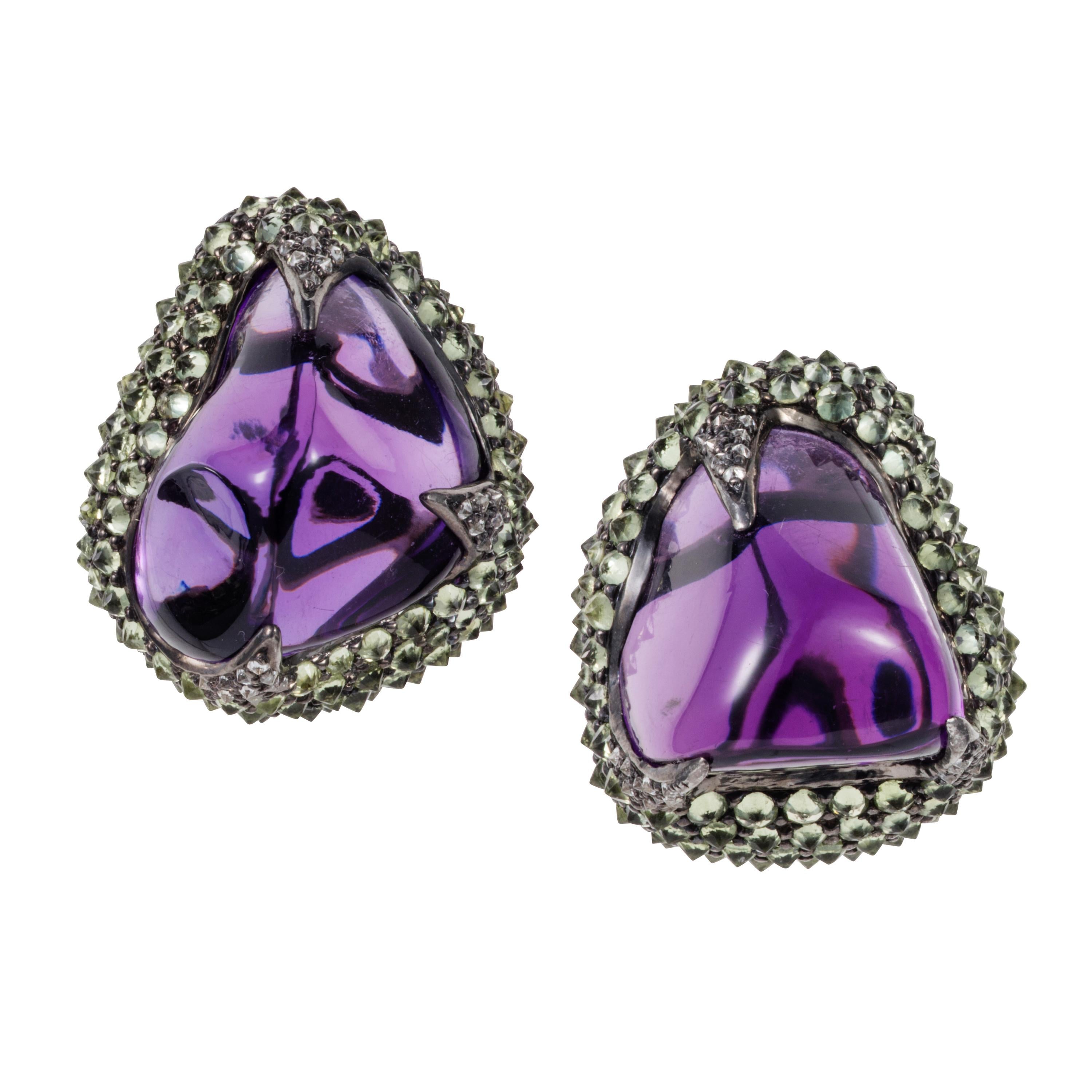 Manpriya B 74.140 carat Amethyst Tumble Peridot Diamond Statement Earrings For Sale