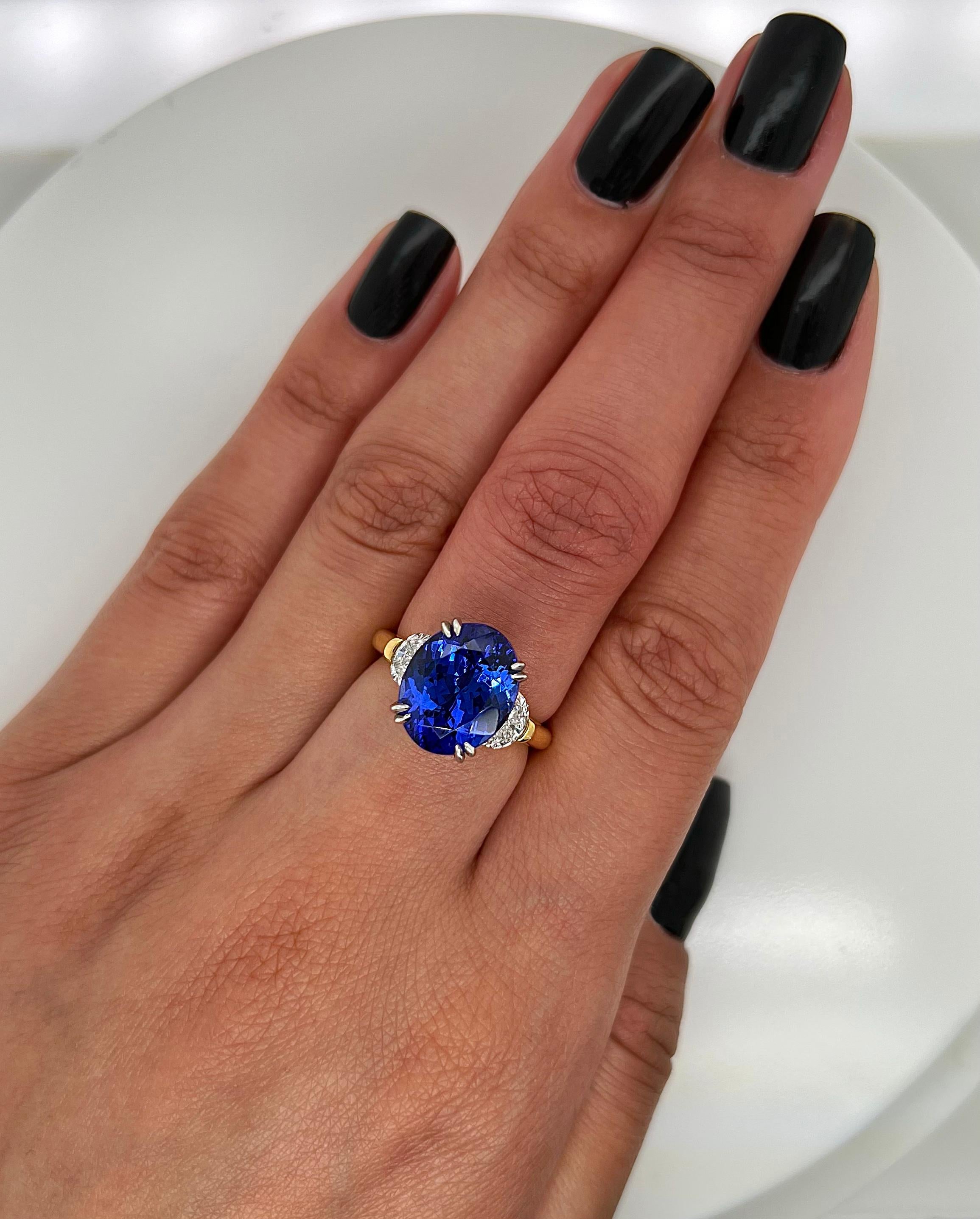 7.41 Total Carat Tanzanite and Diamond Three Stone Ladies Ring In New Condition For Sale In New York, NY