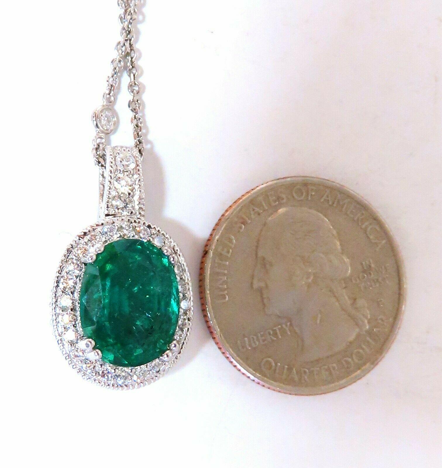 Emerald Cut 7.41 Carat Natural Emerald Diamonds Necklace 14 Karat Station and Solitaire
