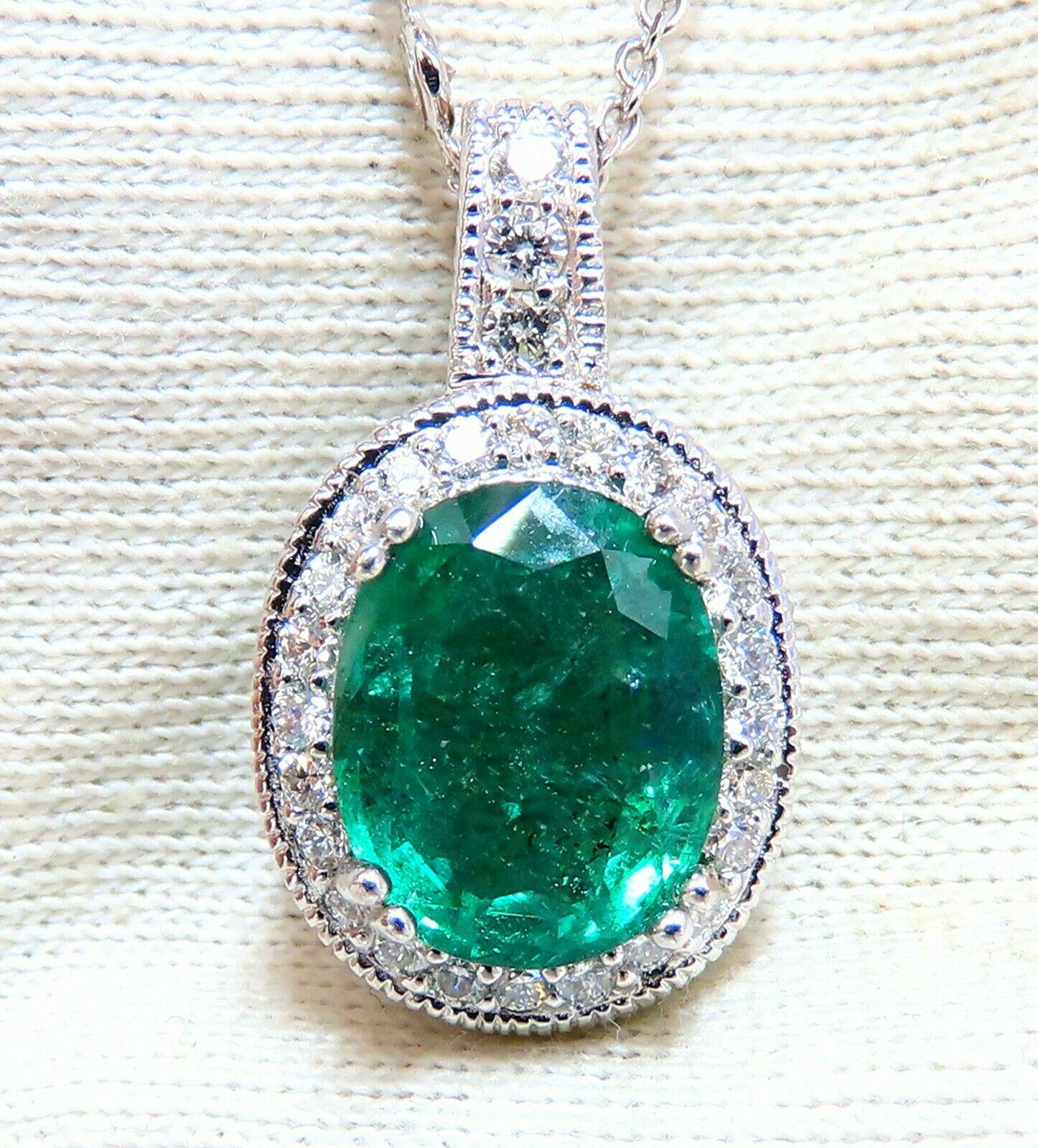 Women's or Men's 7.41 Carat Natural Emerald Diamonds Necklace 14 Karat Station and Solitaire